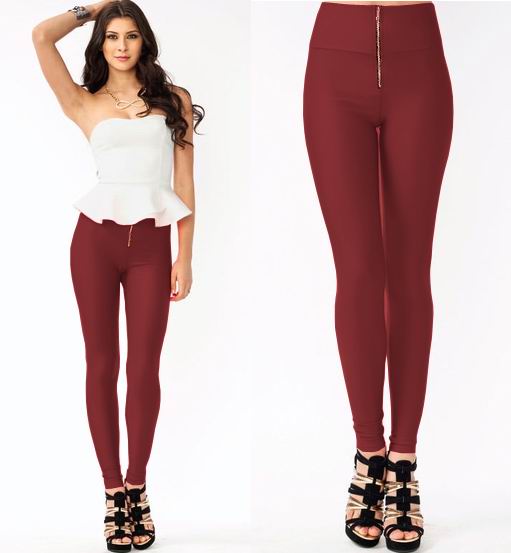 Front Zipper Shiny Finish Color High Waist Skinny Sexy Trends Leggings Pants